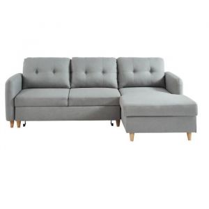 ELIS Canap&eacute; d'angle droit convertible 3/4 places + Coffre de rangement Tissu effet lin gris clair Scandinave L 226 x P 148 cm