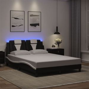 VidaXL Cadre de Lit avec Lumi&egrave;res LED, Lit Rembourr&eacute; avec Coussin, Lit Double, Lit Adulte Chambre, Moderne, Noir Blanc 140x190 cm Similicuir
