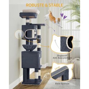 Arbre &agrave; Chat Hauteur 180 cm, Tour de Jeux pour Chat avec 8 Griffoirs, 3 Plateformes, 2 Niches, Panier, Pompons, Convient Aux Chats de Toutes Tailles,
