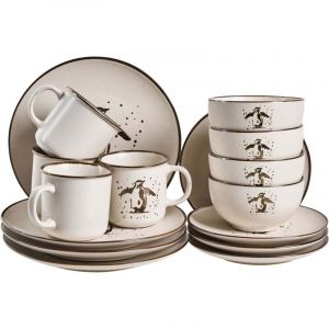 Beliani Ensemble de 16 Pi&egrave;ces de Vaisselle en Gr&egrave;s Fait Main Finition &Eacute;maill&eacute;e Motif Pingouin Blanc Cass&eacute; Cinnamon