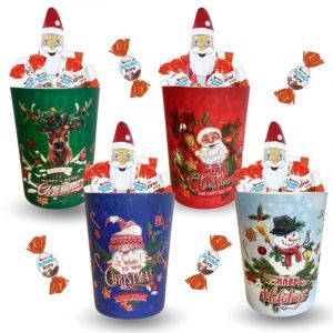 Lot de 4 verres mélaminés de Noël garnis de 20 chocolats: Kinder & Moulage Père Noël | Idéal pour décorer la table des petits