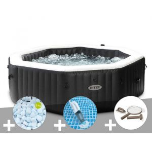 Intex Kit spa gonflable PureSpa Carbone octogonal Bulles et Jets 6 places + 5 kg de sel + Aspirateur + Kit d'entretien