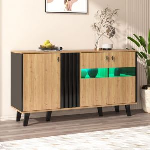 Oem Buffet - 140 cm - &Eacute;clairage LED Int&eacute;gr&eacute; - 3 Portes Vitr&eacute;es - Bois et Noir Modern