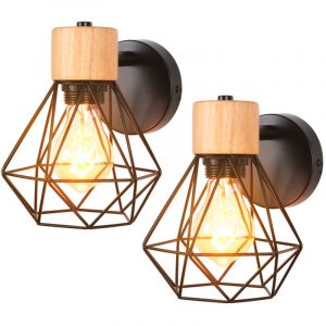 Lot de 2 Appliques Murales Industrielles Réglable Design Cage en Bois Métal 16CM, Lampe Murale Intérieure Vintage E27 Luminaire pour Chambre Salon