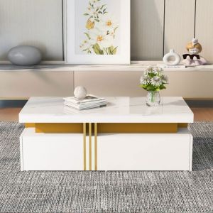 Table basse - PDZZZD - Rectangulaire - Blanc - Marbre - 2 tiroirs en bois