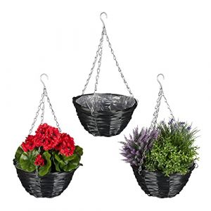 Image de Relaxdays Suspension pour plantes en lot de 3, panier tressé en osier, fait main, pot de fleur HxD 13 x 25 cm, noir