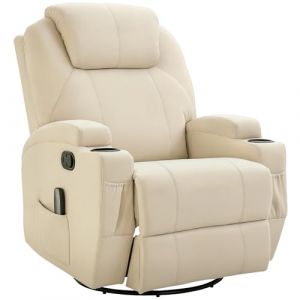 Homcom Fauteuil de massage inclinable, fauteuil de relaxation, dossier et repose-pieds réglable manuellement, fonction bascule, télécommande, pivotant à 360°, porte-gobelets et poches latérales, crème