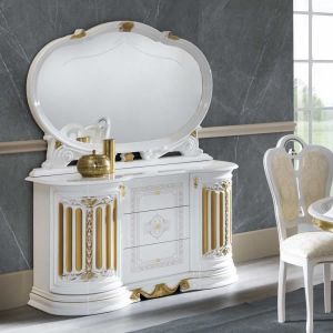 Bahut 2 portes battantes et 3 tiroirs + miroir Blanc/Or - adele - Buffet : l 134 x l 50 x h 78 cm Miroir : l 130 x l 10 x h 96 cm