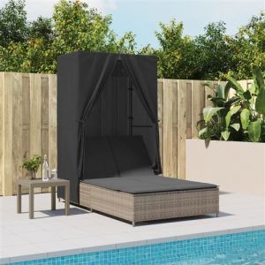 VidaXL Chaise longue double avec toit et rideaux gris résine tressée, transat, lit de jour d'extérieur, lit de jour de jardin, lit de bronzage