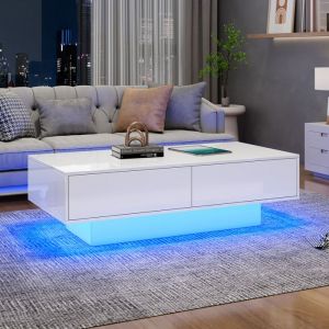 Table basse moderne brillant 115 x 55 x 34 cm - Avec 2 tiroirs - Avec éclairage LED - Blanc