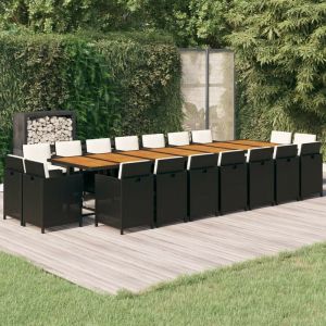 VidaXL Ensemble &agrave; d&icirc;ner de jardin coussins 19 pcs Noir R&eacute;sine tress&eacute;e Noir et blanc cr&egrave;me