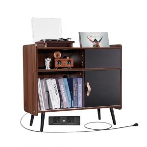VEVOR Meuble Platine Vinyles à 3 Niveaux, Support de Tourne-Disque Capacité jusqu'à 350 Albums, Armoire à Disques Vinyles en Bois, Porte Coulissante, avec Prise de Courant, pour Salon, Chambre