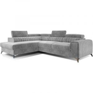 LesTendances Canapé D'angle Convertible Avec Têtières Relevables Laurence - Angle Gauche - Velours Gris Clair