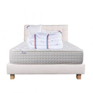 Ensemble Matelas 140x190 cm, Purlux, 26 cm, mousse mémoire de forme, ferme, face été/hiver + sommier beige ep20cm + 2 oreillers + couette + Tête de Lit
