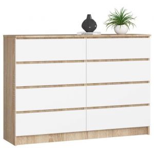 Akord - Commode K140 Chêne Sonoma 138 cm 8 tiroirs façade Blanche 138x40x99 cm