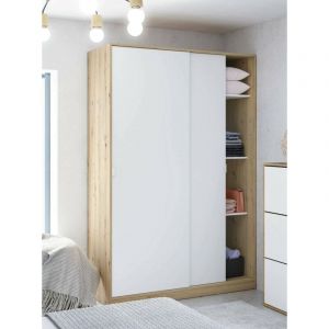 Image de Dmora - Vestiaire Waterbury, Armoire de chambre à 2 portes coulissantes, Armoire avec 3 étagères et barre de cintre, 120x50h200 cm, Blanc et Chêne