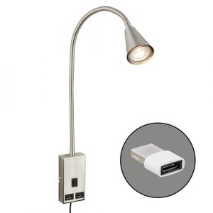 BRILONER - Lampe de lecture avec port USB, interrupteur marche/arrêt, orientable, fiche, lampe murale intérieure, lampe murale, lampe de lit, lampe de lecture, lampe de chevet, 50 cm, nickel mat