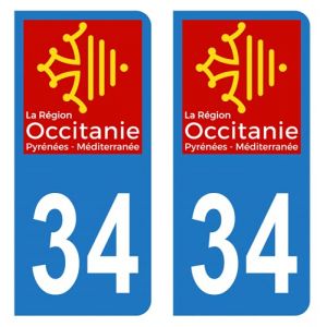 Lot 2 Autocollants Stickers plaque immatriculation voiture auto d&eacute;partement 34 H&eacute;rault Logo R&eacute;gion Occitanie
