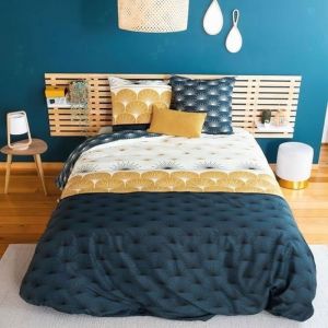 Coté Déco Parure de lit 220x240 cm adulte Housse de Couette + 2 Taies d'oreiller motif imprimé réversible floral bleu et jaune en microfibre
