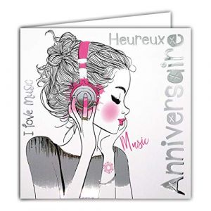 Afie 22071 Carte Heureux ANNIVERSAIRE Jeune Fille I love Music t-shirt Argenté Brillant - Carte carrée 145x145mm avec enveloppe - Fabrication Française