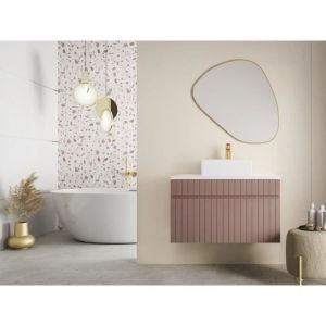 Vente-unique - Meuble de salle de bain suspendu strié rose avec vasque à poser - 80 cm - satara