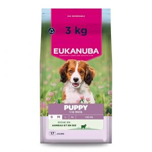Eukanuba Life Care Croquettes Chiots Petite Moyenne Races 1à 12 Mois, Riche en Agneau & Riz, Croissance optimale - DHA, Calcium, Oméga 3&6, FOS, MOS, sans colorants, arômes artificiels ni OGM – 3 kg