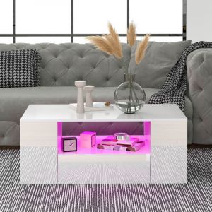 Wishdor - Table basse blanche brillance avec led, 2 tiroirs et 2 étagères