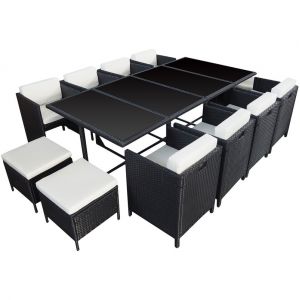 Image de Happy Garden Salon de jardin encastrable SANTORIN en r&eacute;sine tress&eacute;e noir 12 places - coussins blancs