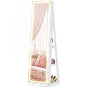 Songmics Armoire à bijoux sur pied avec miroir avec éclairage réglable blanc
