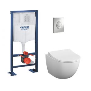 Image de vitra Wc suspendu avec Abattant frein de chute + Bati support Grohe et Plaque de commande, plaque chrome, edelweiss