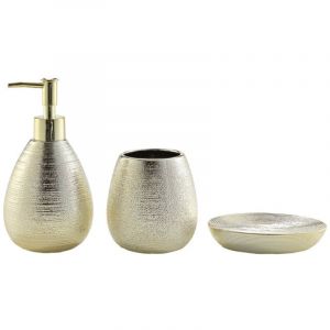 Douceur D'intérieur - Set de Bain trésor – 3 Pièces – Grès Uni Métallisé - 30x20x17cm - Doré