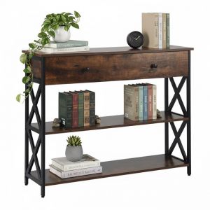 Relaxdays Console, style industriel, H x L x P : 80 x 100 x 30 cm, métal, console étroite avec tiroir, brun/noir