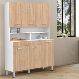 Idmarket Buffet de cuisine 120 CM CINA 6 portes + tiroir blanc et façon hêtre