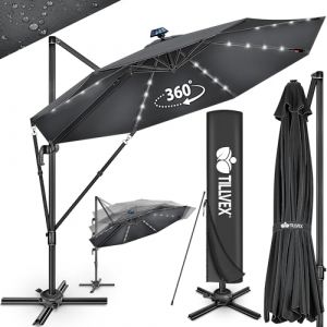 Tillvex Parasol haut de gamme en aluminium anthracite 330 cm + housse et pare-vent Parasol déporté 6 positions avec manivelle Parasol de jardin
