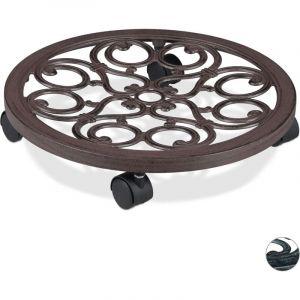 Relaxdays Support roulant plantes rond, lot de 2, en m&eacute;tal, plateau roulant pots &agrave; fleurs, aspect antique, brun