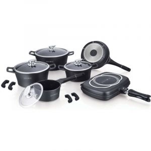 Royalty Line Set de 4 casseroles et poêle et 1 grill à panini avec revêtement en marbre - Tailles différentes - Noir