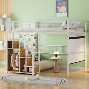 Lit mezzanine 140x200cm, lit enfant avec escalier de armoire de rangement, anti-chutes, structure en fer, blanc