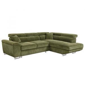 Baoji - canapé d'angle droit 5 places convertible avec têtières et coffre en velours côtelé - vert