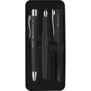 Faber-Castell 241050 Ensemble d'&eacute;criture Poly Pen Noir, Stylo-plume avec plume large et stylo-bille, Prise ergonomique, Id&eacute;al pour prise de notes, Pour &eacute;tudiants, &Eacute;criture fluide