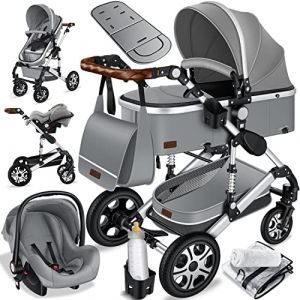 KESSER 3en1 poussette combinée trio landau complet avec baignoire bébé et siège de sport pour et siège auto gris/argent