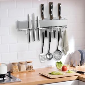 Porte Couteaux Aimanté 3 En 1 40cm ¿ Barre Aimantée En Acier Inox Avec 8 Crochets & Rangement Couteaux ¿ Montage Autocollant Ou Vis ¿ Support Magnetique Cuisine Mural
