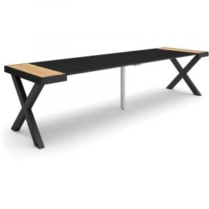Table console extensible, Console meuble, 300, Pour 14 personnes, Pieds bois massif, Style moderne, Ch&ecirc;ne et noir - Skraut Home