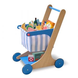Teamson Kids, Chariot de Courses en Bois, Jouet d'Imitation, Enfant 3 Ans et Plus, 44,6 x 32,4 x 60 cm, Bleu, Bois, avec 13 Accessoires Alimentaires et Panier en Tissu, 2,4 kg