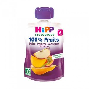 HiPP Biologique Gourde 100% Fruits : Poires Pommes Mangues Passion 90 g - dès 6 mois