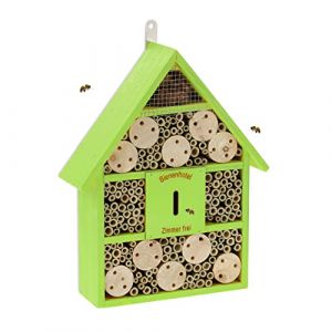 Relaxdays Hôtel à insectes en bois, à suspendre, pour abeilles sauvages, HLP env. 38x29x9 cm, jardin et balcon, vert