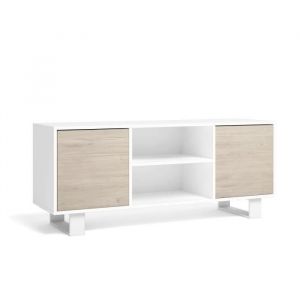 Skraut Home - Meuble TV 140, salon, Mod&egrave;le WIND, structure couleur Blanc, portes couleur Ch&ecirc;ne, 137x40x57cm