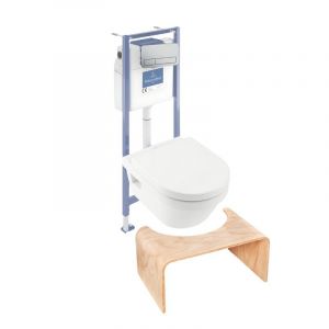 Villeroy & Boch Pack WC sans bride Architectura abattant + bâti-support sol et mur + plaque chromée mat + Tabouret bois