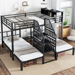 Lit superpos&eacute; 90x200cm+140x200cm - 3 couchages - Espace de rangement - Escaliers avec rampes de s&eacute;curit&eacute; - Noir(sans matelas)