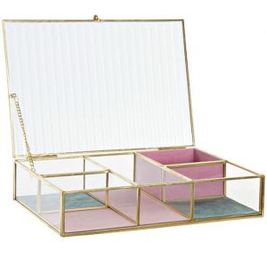 Wadiga Boîte à bijoux en métal doré velours et verre 25x17x5.5cm