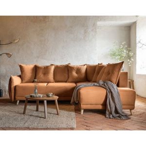 Lena - canapé d'angle droit 5 places - convertible avec coffre - en velours côtelé - Rouille